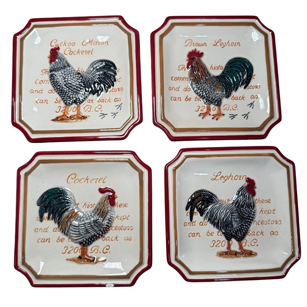 MWW Market Rooster Mini Plates Set 4 Leghorn‎ Cockerel Cuckoo Maran 3D Ceramic